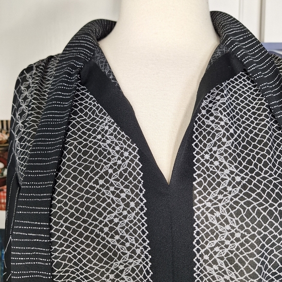 Vintage 70s Sheer Floral Striped Long Sleeve Dress Sz Medium Large Black White - Picture 6 of 7